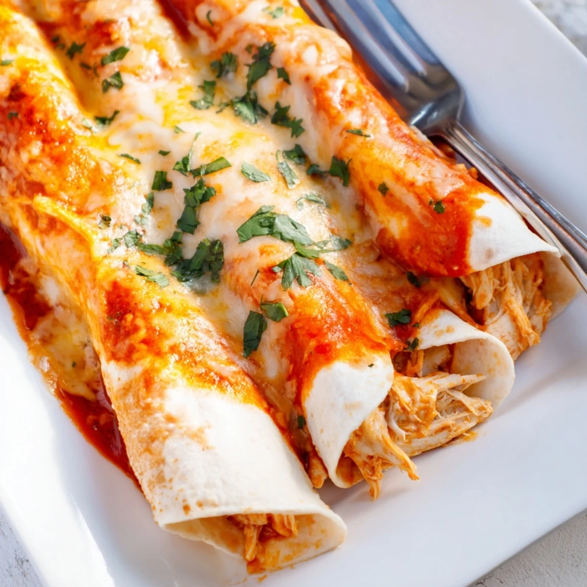 Cheesy Chicken Enchiladas garnished with jalapeño slices, served alongside Mexican rice in a ceramic baking dish.