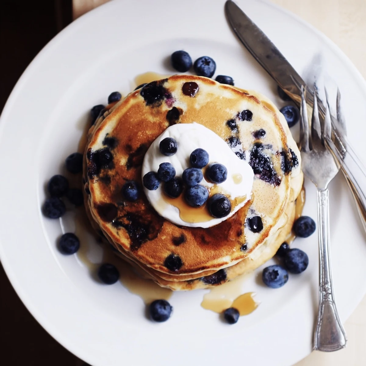 Fluffy Greek Yogurt Blueberry Pancakes on a plate with yogurt dollop and warm, sweet aroma.
