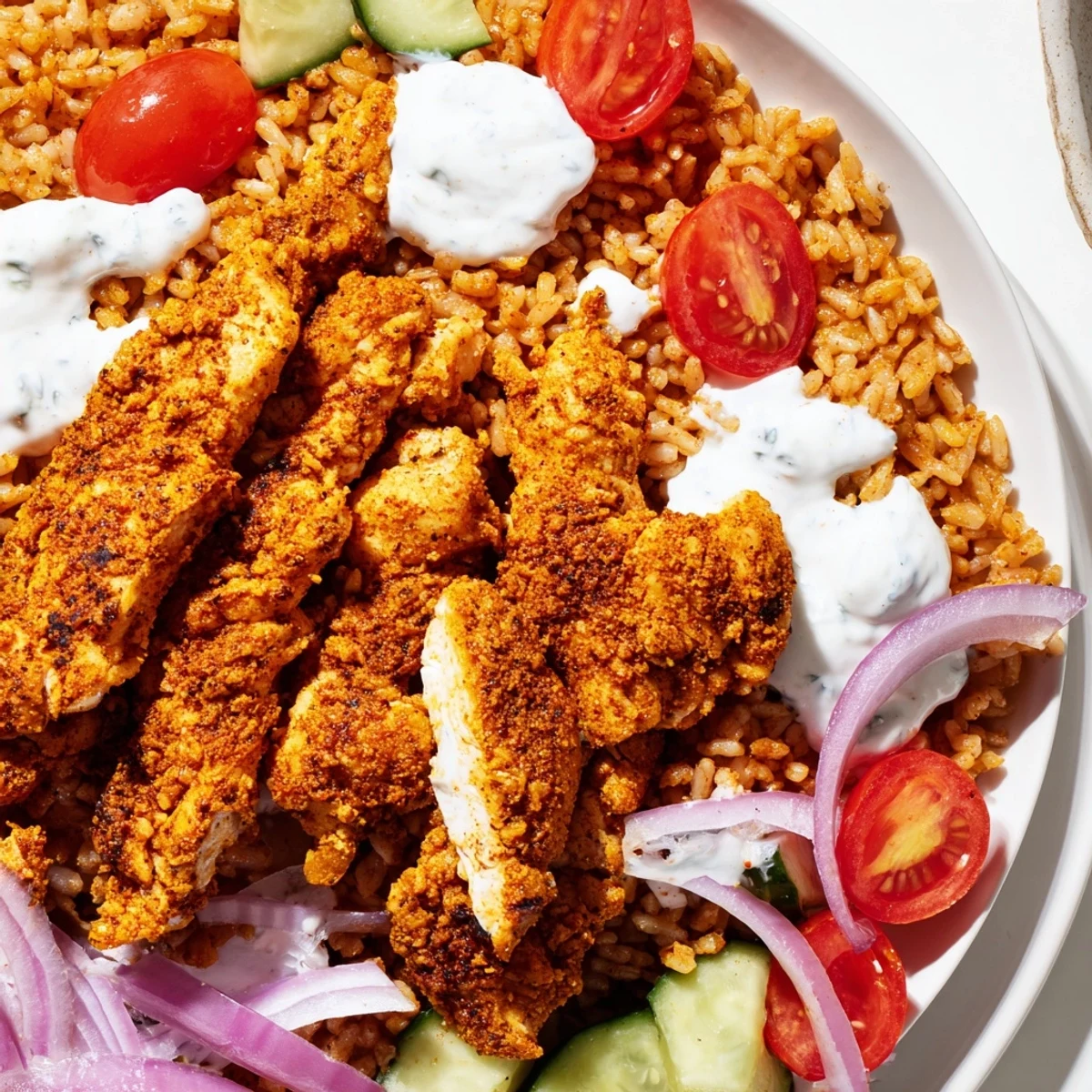 Spiced chicken, crispy basmati rice, and fresh veggies in Chicken Shawarma Crispy Rice Salad with creamy yogurt drizzle.