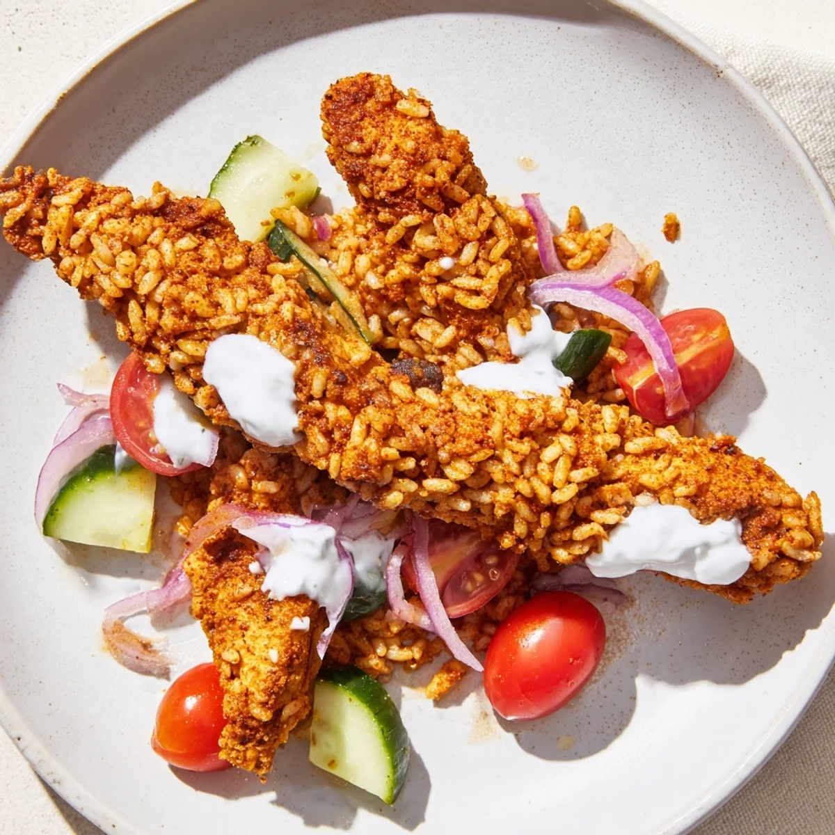 Colorful Chicken Shawarma Crispy Rice Salad served warm with cucumber, tomatoes, red onion, and golden rice bits.