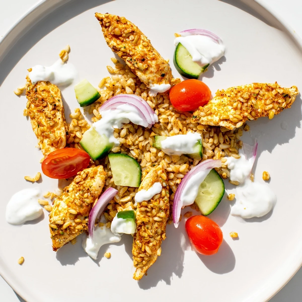 Vibrant bowl of Chicken Shawarma Crispy Rice Salad with juicy shawarma chicken, crunchy rice, and tangy yogurt dressing.