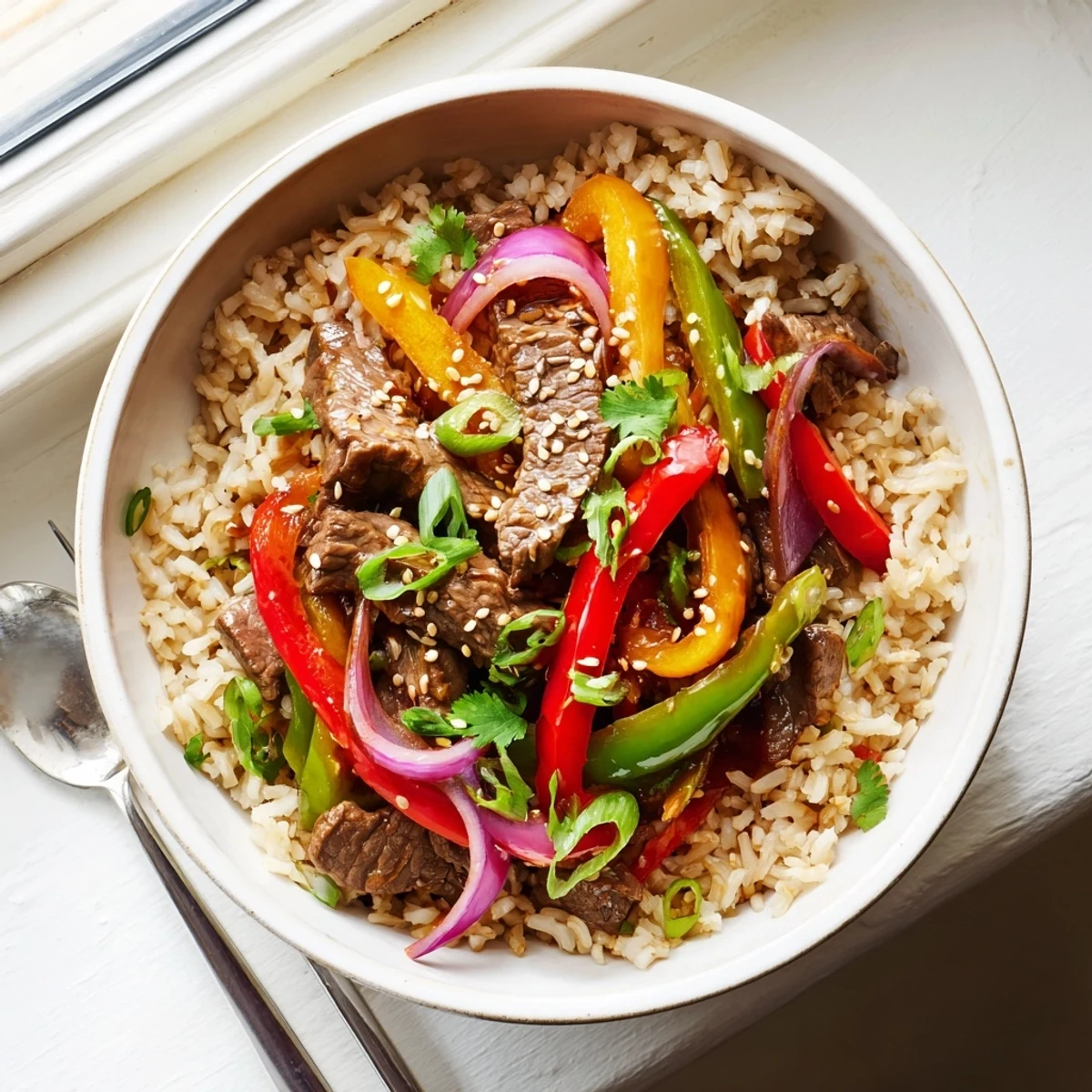 Savory Healthy Beef and Pepper Rice Bowl features tender beef strips, crisp colorful peppers, and brown rice.