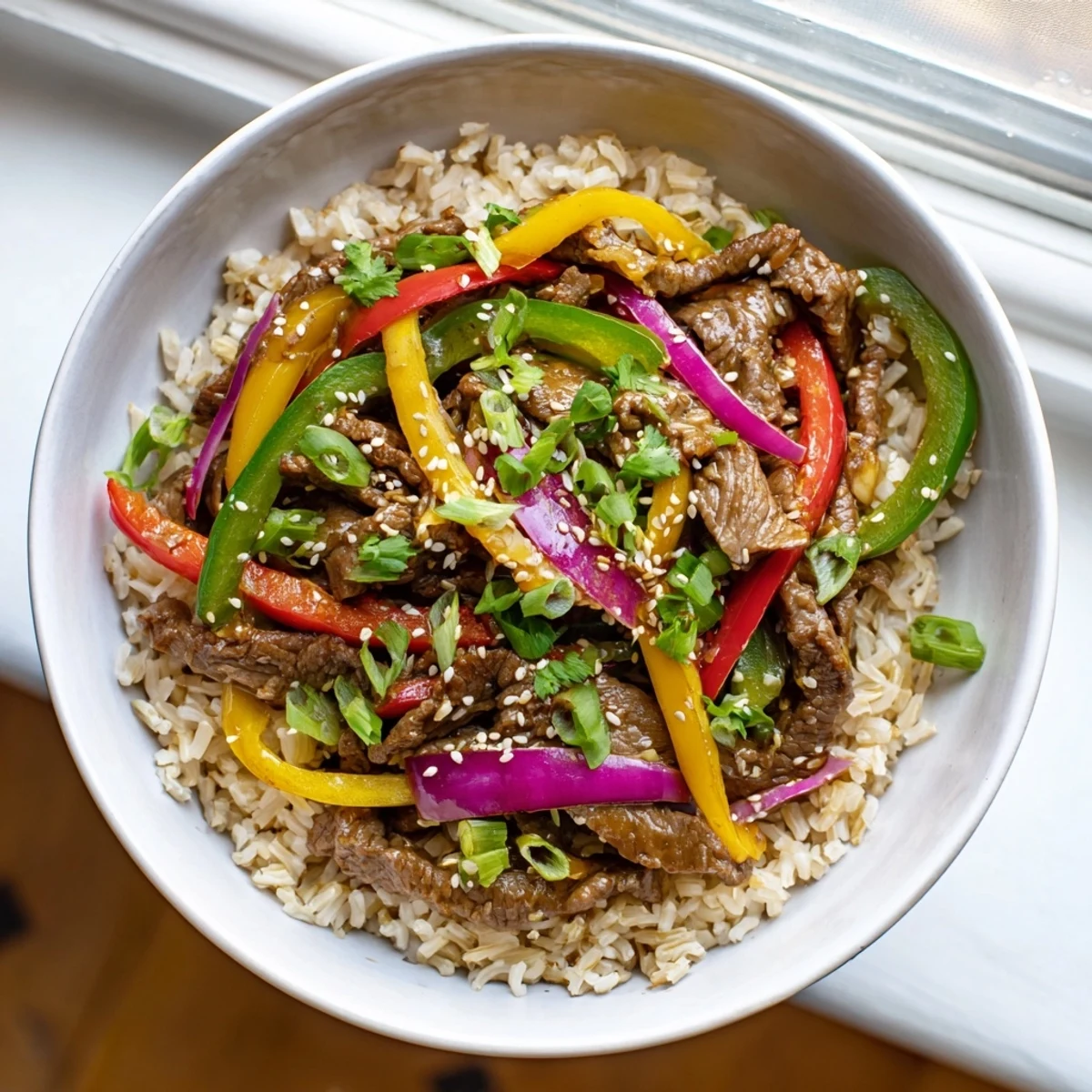 A close up of Healthy Beef and Pepper Rice Bowl with sesame seeds and fresh cilantro garnish.