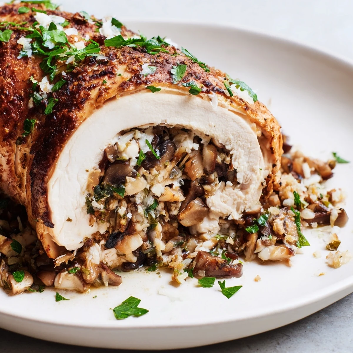 Golden seared mushroom stuffed chicken breast resting on a white serving platter