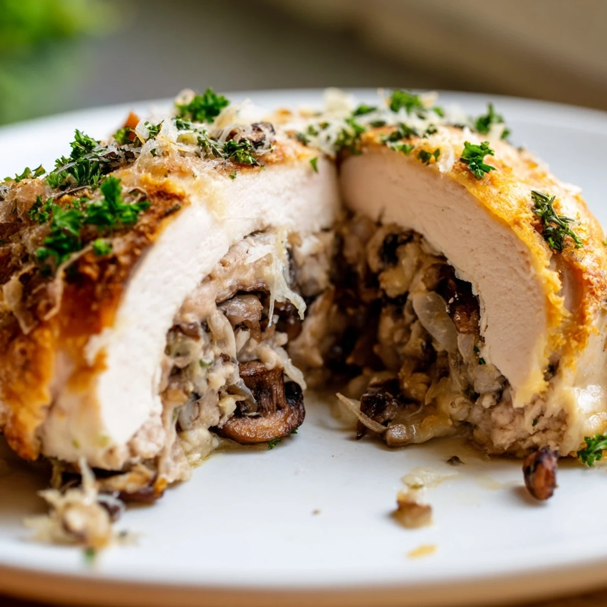 Oven baked stuffed chicken breast with golden mushroom filling served on rustic wooden board