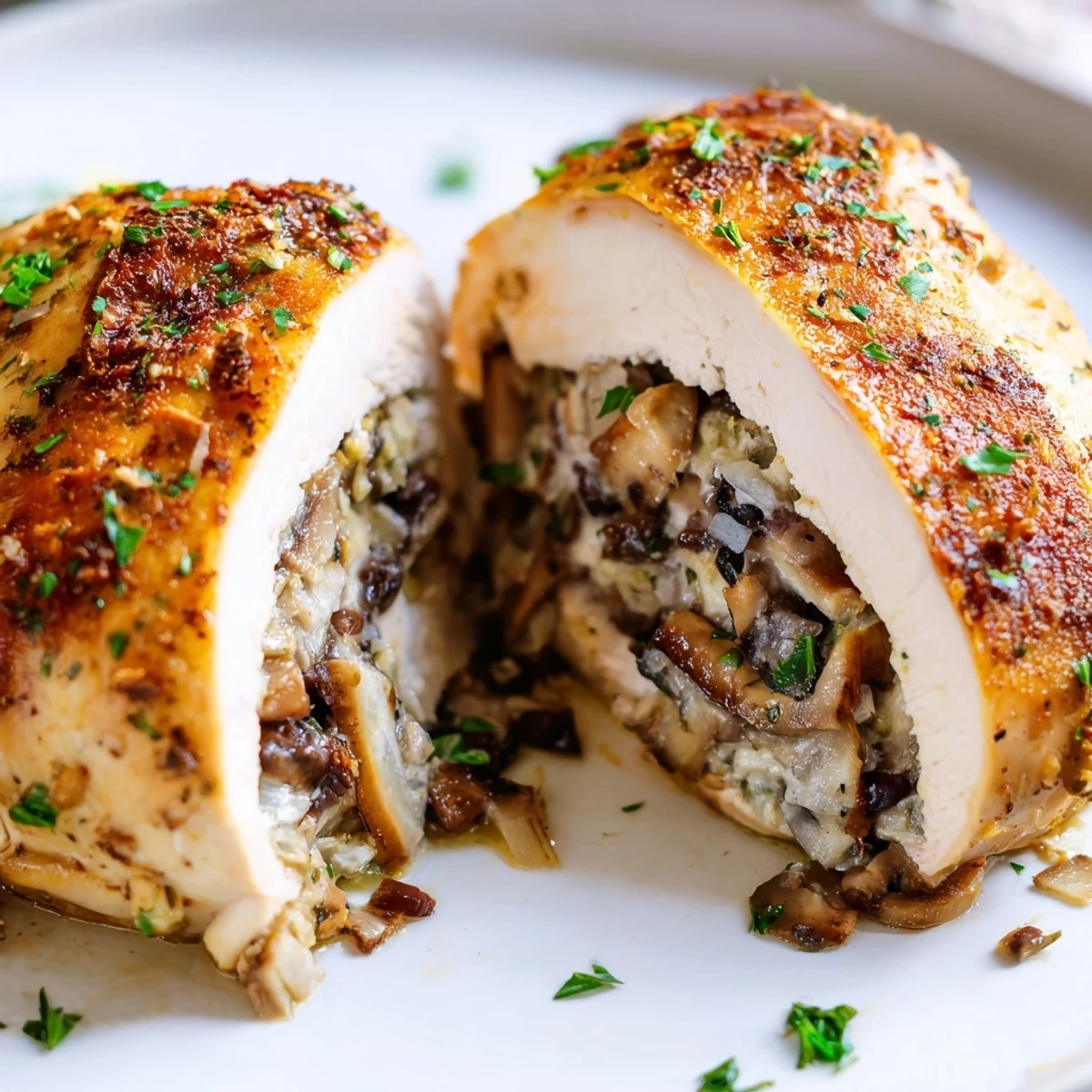 Juicy herb stuffed chicken breast sliced open to reveal savory mushroom cheese filling