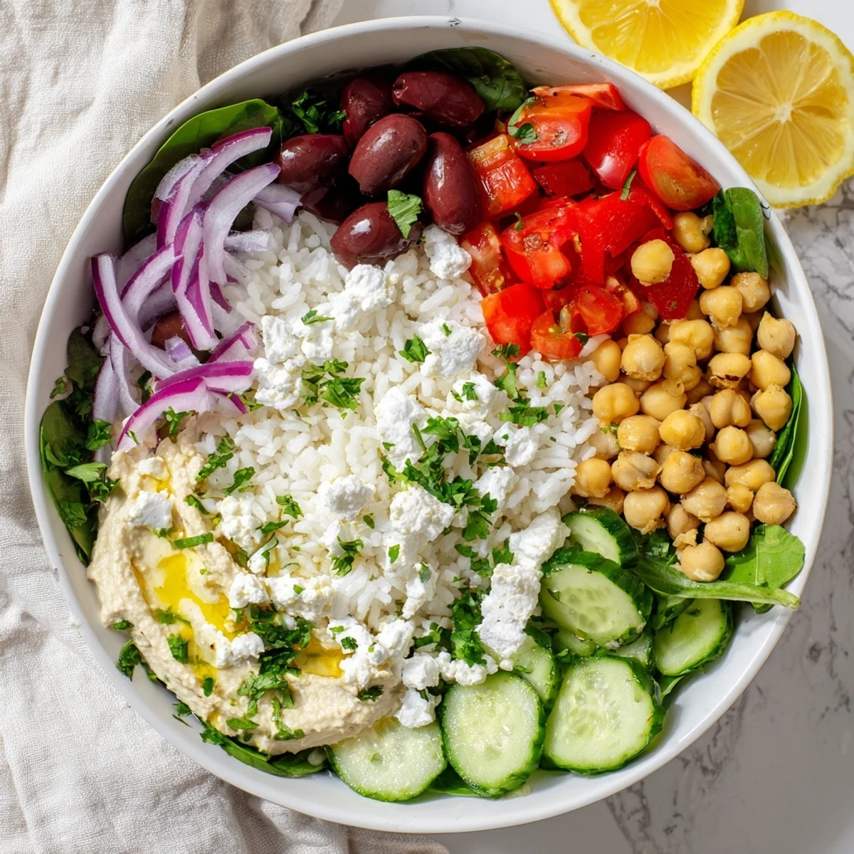 Colorful Mediterranean rice bowl topped with fresh vegetables, chickpeas, hummus, and tangy feta cheese