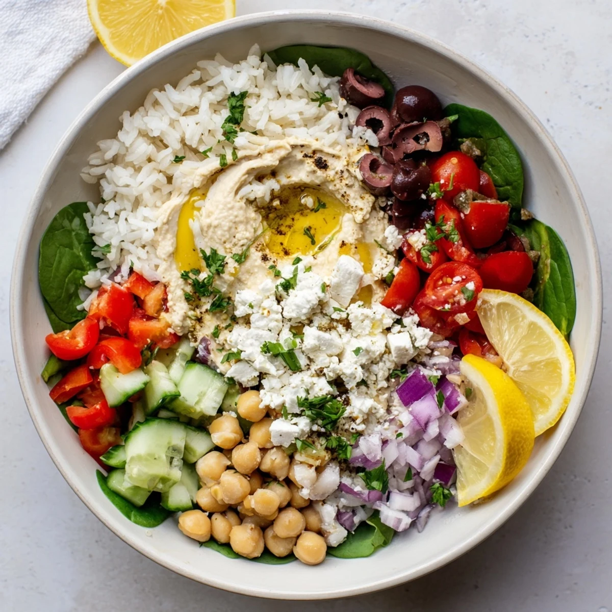 Vibrant Mediterranean rice bowl drizzled with lemon tahini dressing and garnished with fresh parsley