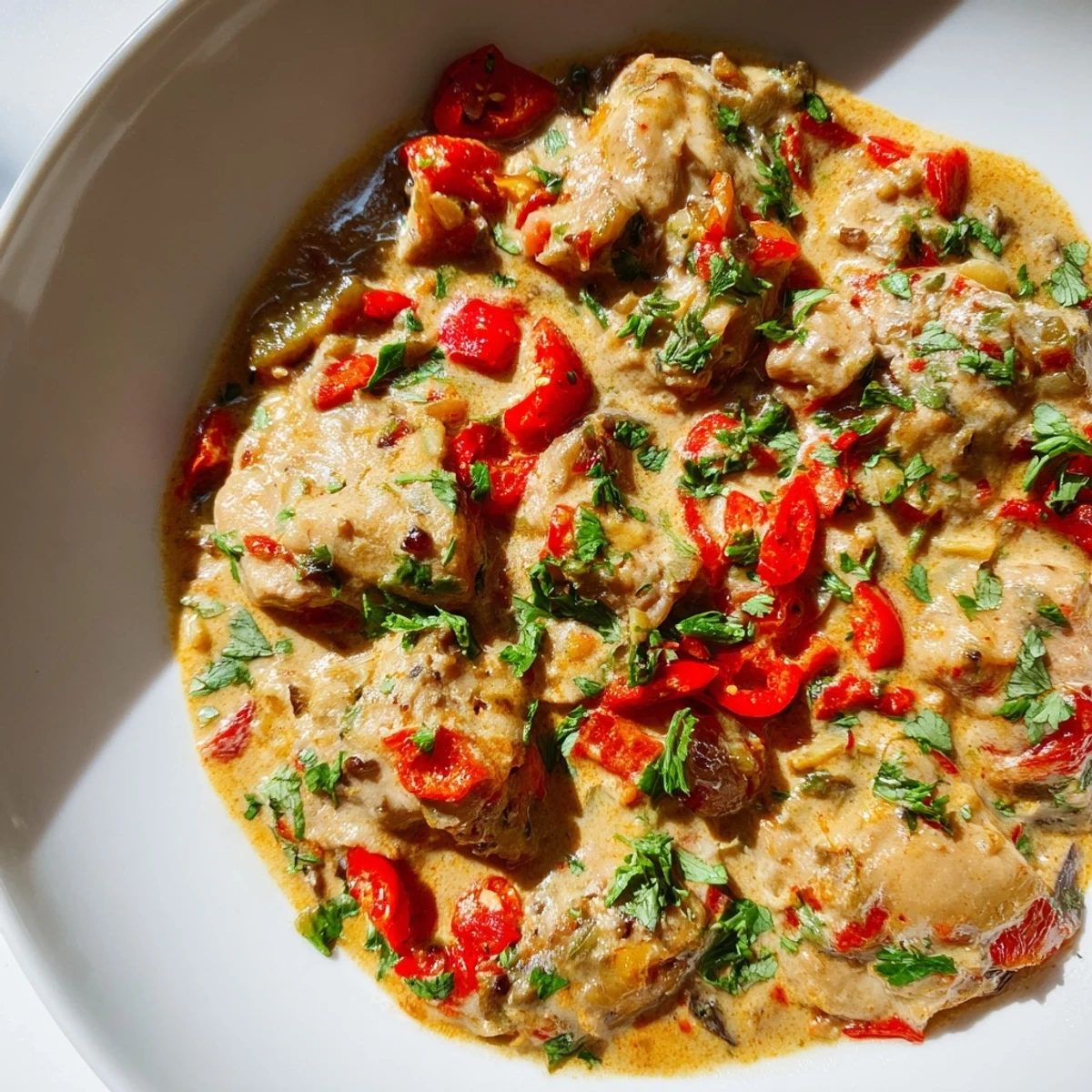 Golden chicken pieces swim in a rich, creamy coconut sauce with vibrant bell peppers and fresh cilantro garnish