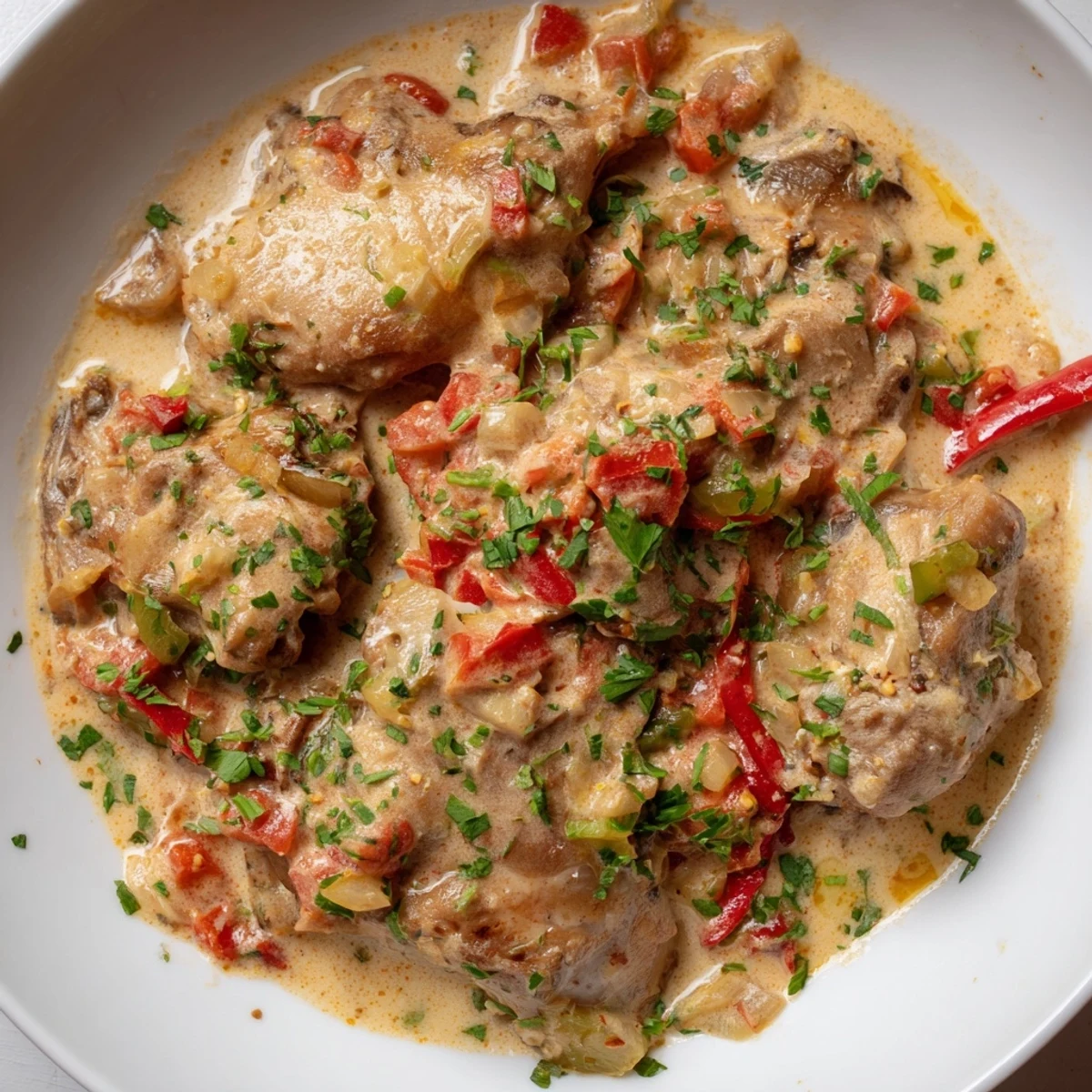 Spicy Brazilian coconut chicken simmered in a fragrant tomato-coconut broth served over fluffy white rice with lime