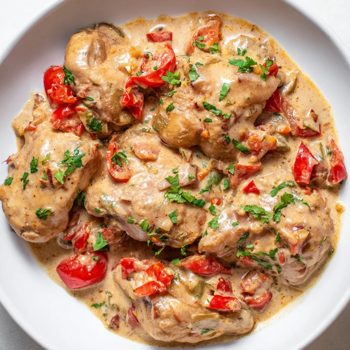 Tender chicken thighs coated in a spicy coconut milk sauce alongside diced red and green peppers in a Dutch oven
