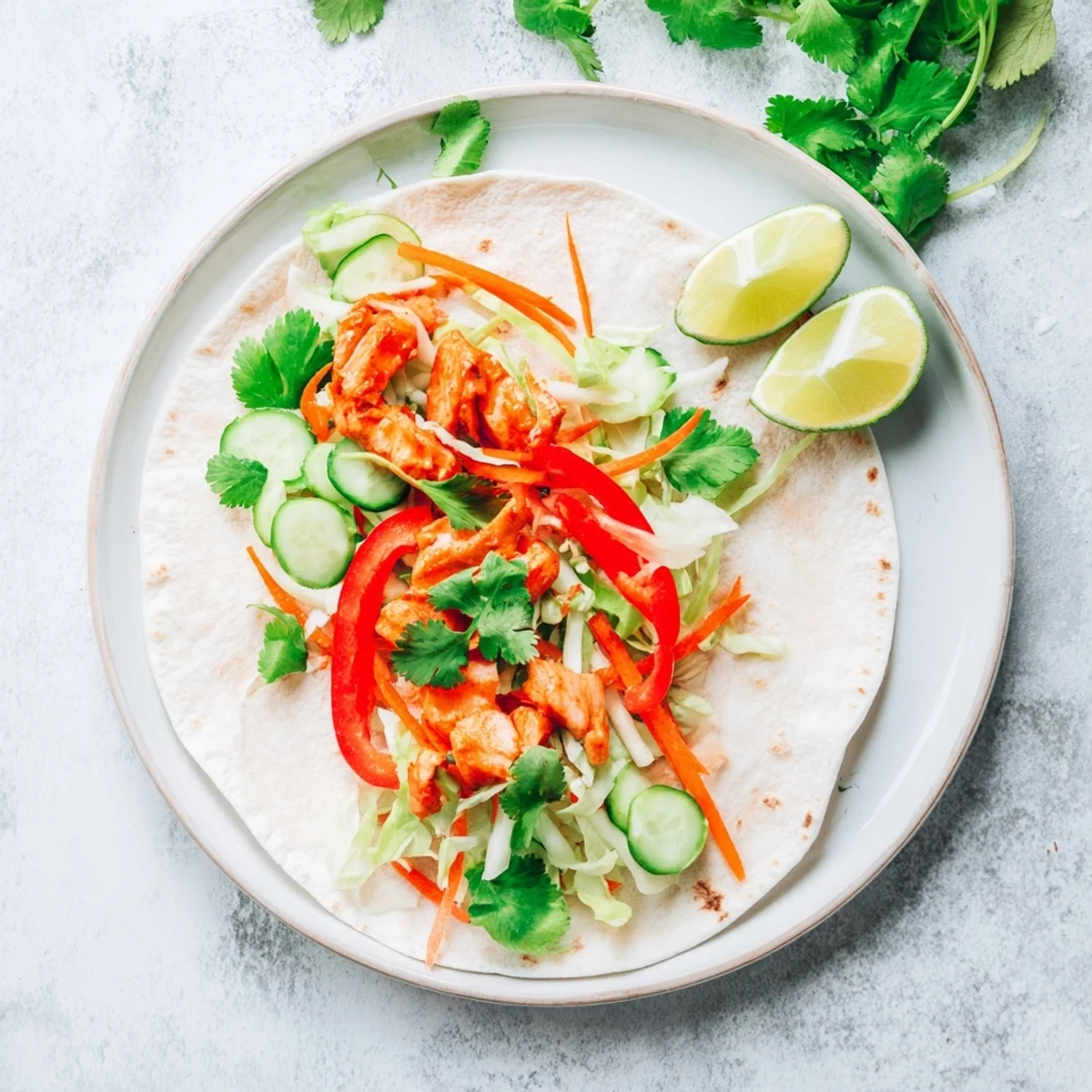 Freshly prepared sweet chili chicken wraps with crisp vegetables and tangy sauce rolled in warm flour tortillas.