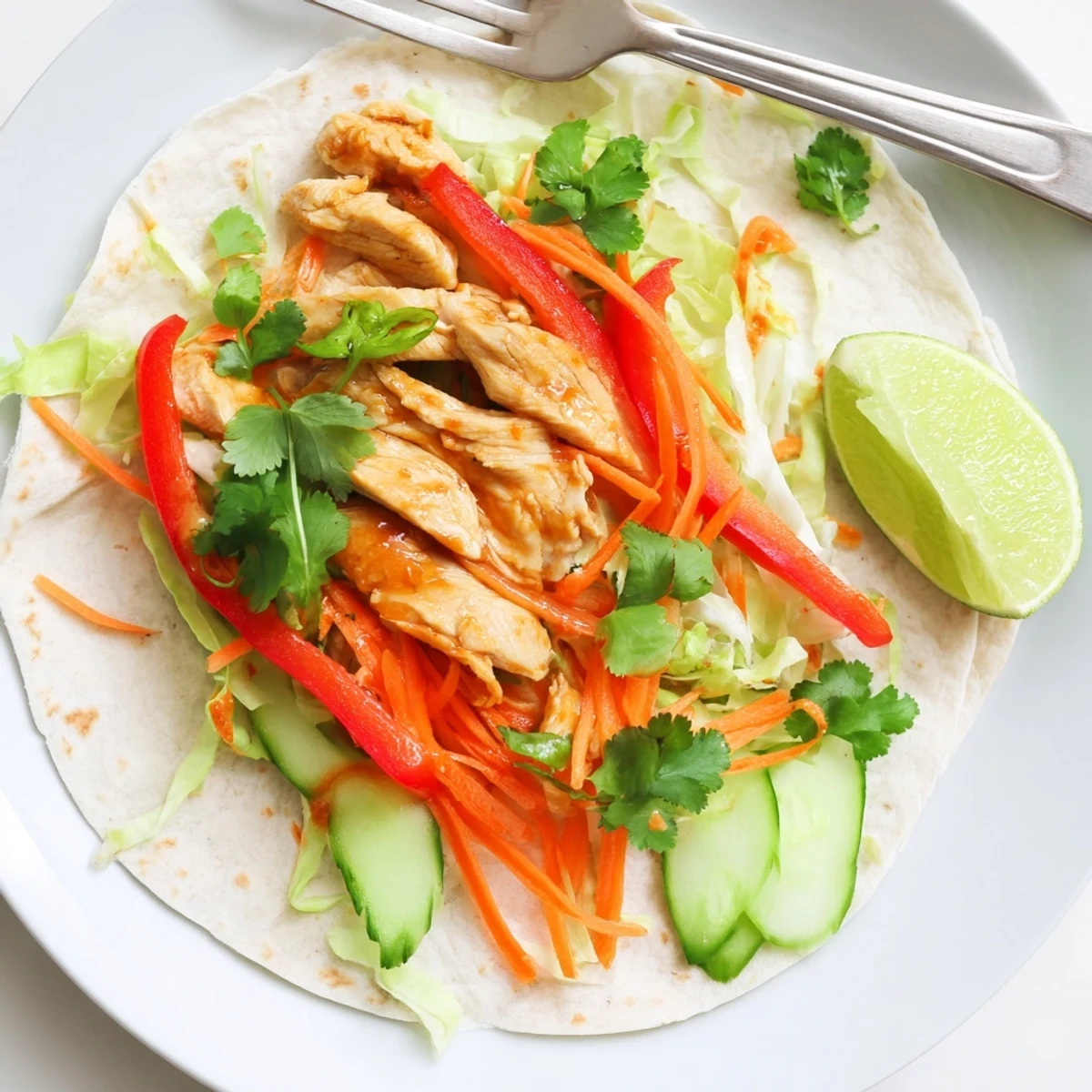 Golden sweet chili chicken wraps sliced open to reveal colorful shredded lettuce, bell peppers, and julienned carrots.