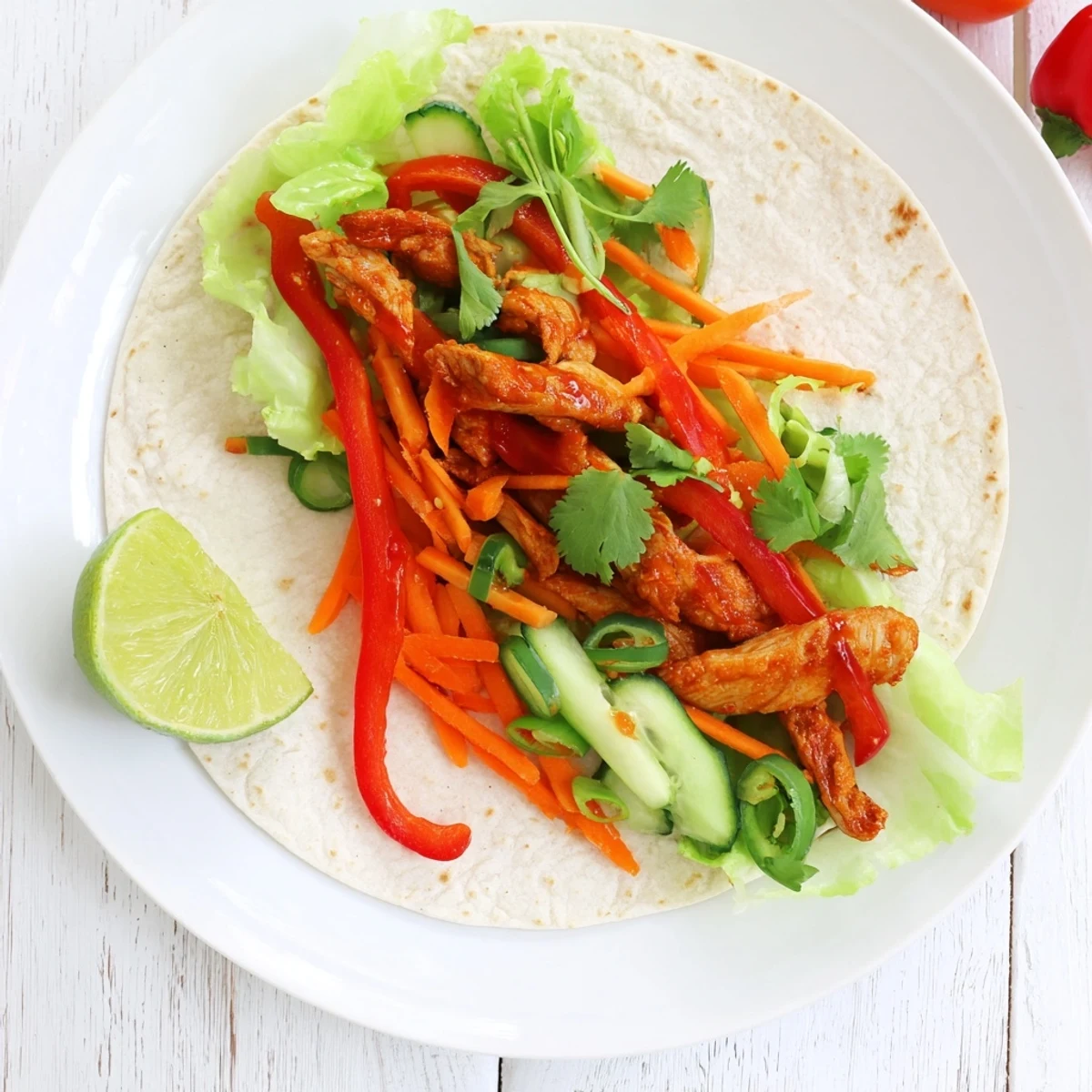 Homemade sweet chili chicken wraps featuring tender marinated strips and crunchy veggies wrapped in soft tortillas.