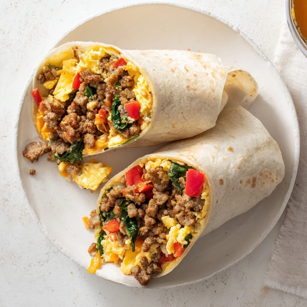 Golden make-ahead breakfast burritos stuffed with scrambled eggs, melted cheddar, savory sausage, and colorful vegetables wrapped in warm flour tortillas