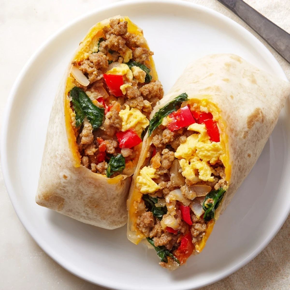 Hearty breakfast burritos filled with fluffy eggs, cheese, sausage, peppers, and spinach ready for meal prep or busy morning grab-and-go