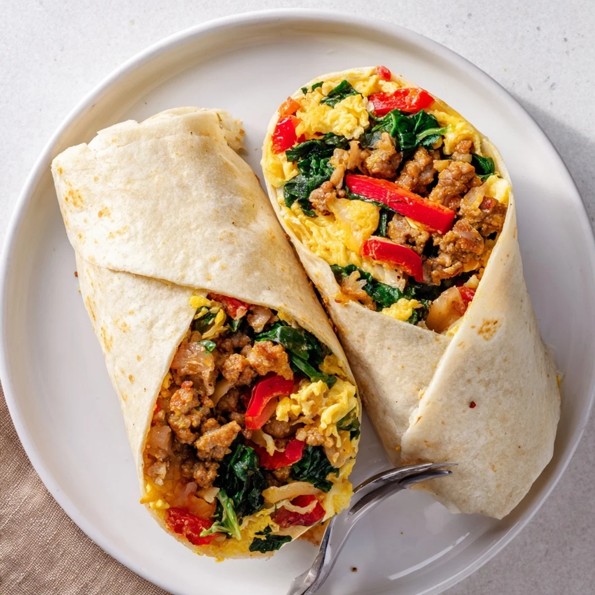 Rolled breakfast burritos packed with eggs, sausage, vegetables, and cheese, perfect for freezing and reheating on hectic weekdays