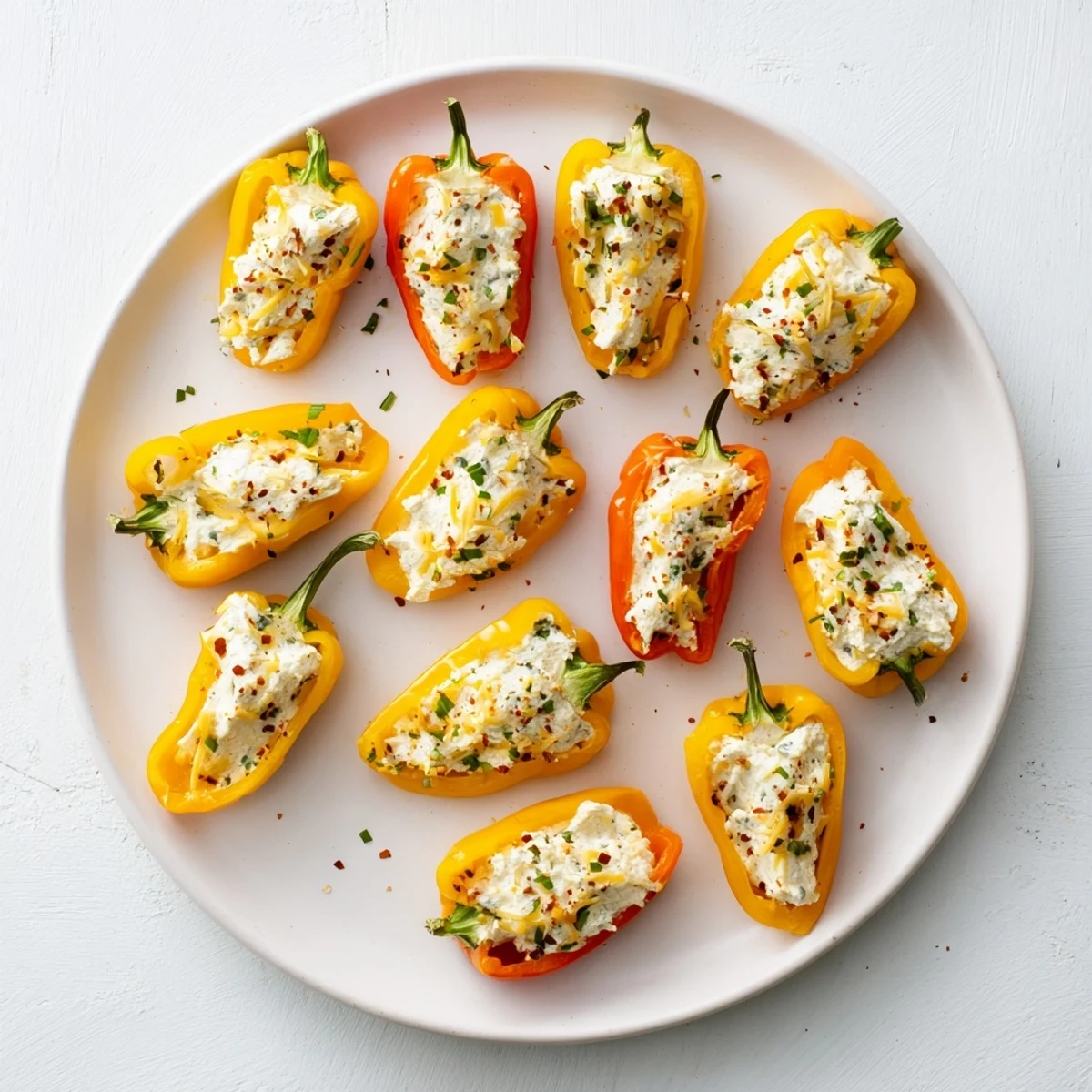 Golden air fryer cream cheese stuffed mini peppers arranged on a white serving platter