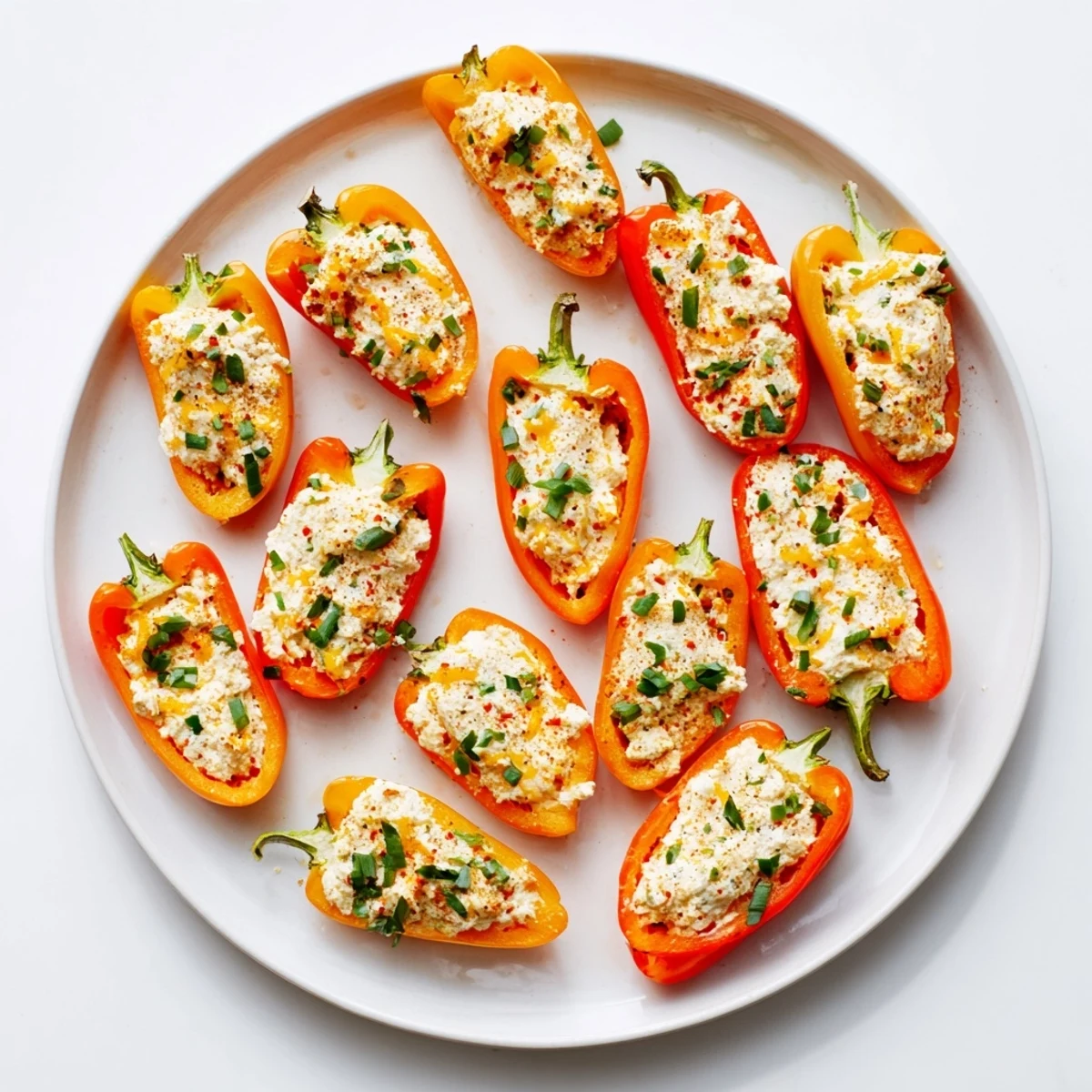 Colorful roasted mini peppers filled with creamy cheese blend garnished with fresh green parsley