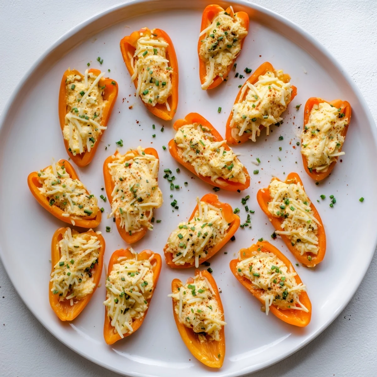 Close up of tender stuffed mini peppers with golden bubbling cheese tops ready for serving