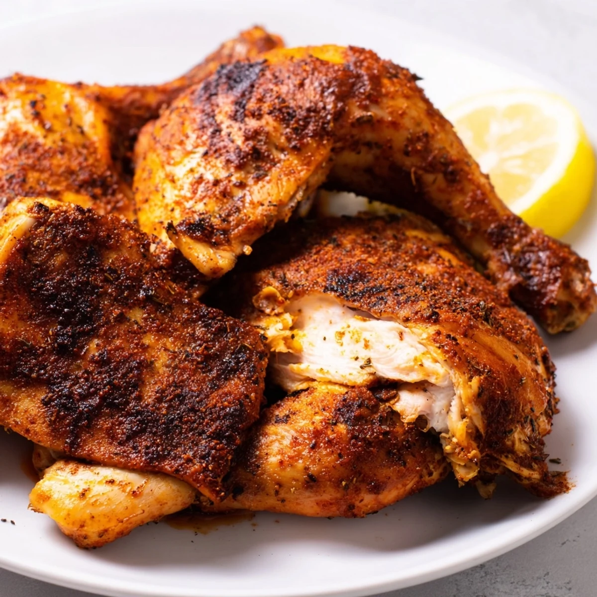 Juicy Cajun seasoned blackened chicken with paprika rub served with fresh lemon wedges