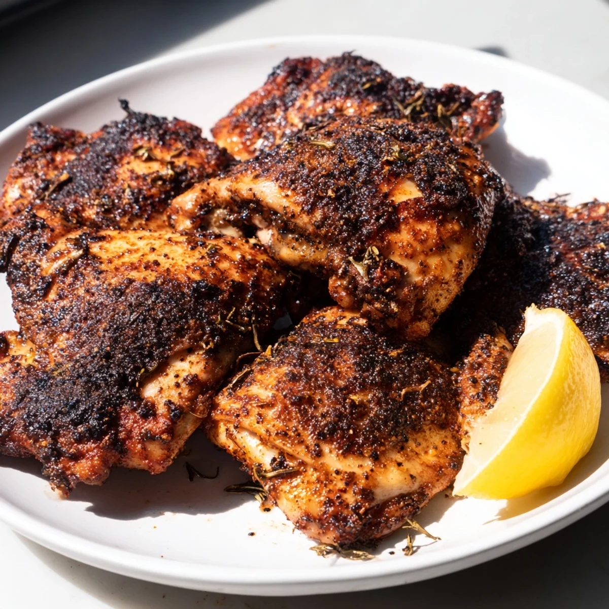 Sizzling cast iron skillet blackened chicken with crispy dark seasoning and char marks
