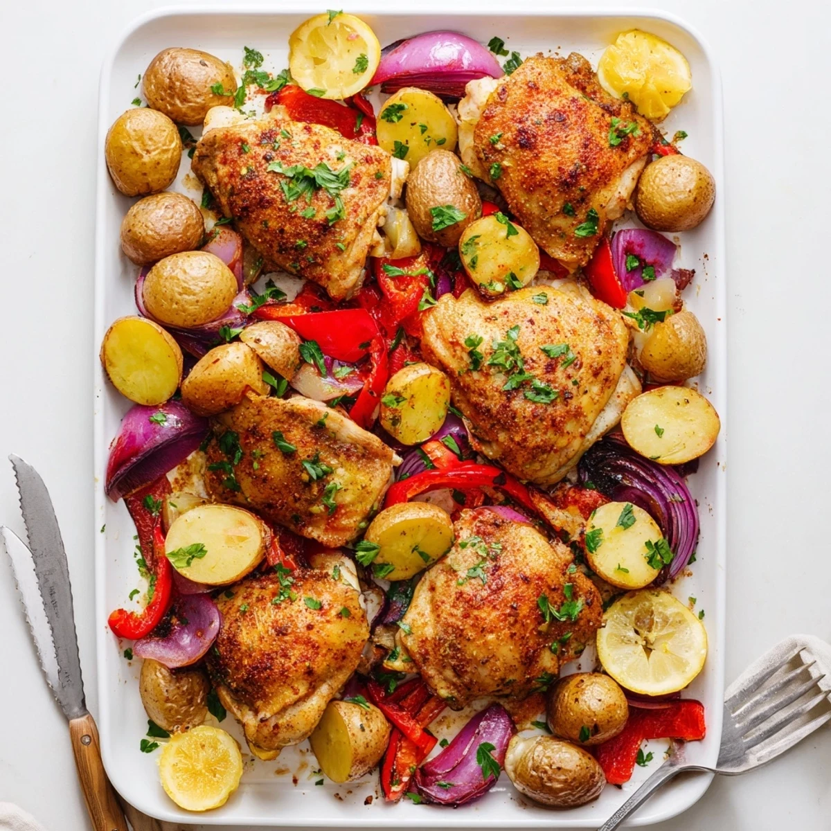 Succulent herb-marinated chicken thighs nestled among crispy baby potatoes and colorful vegetables on a parchment-lined sheet pan