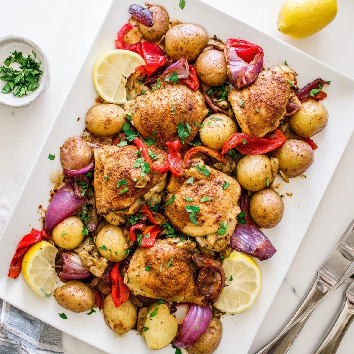 Golden brown roasted sheet pan chicken and potatoes arranged with red bell pepper and onion wedges on a baking sheet