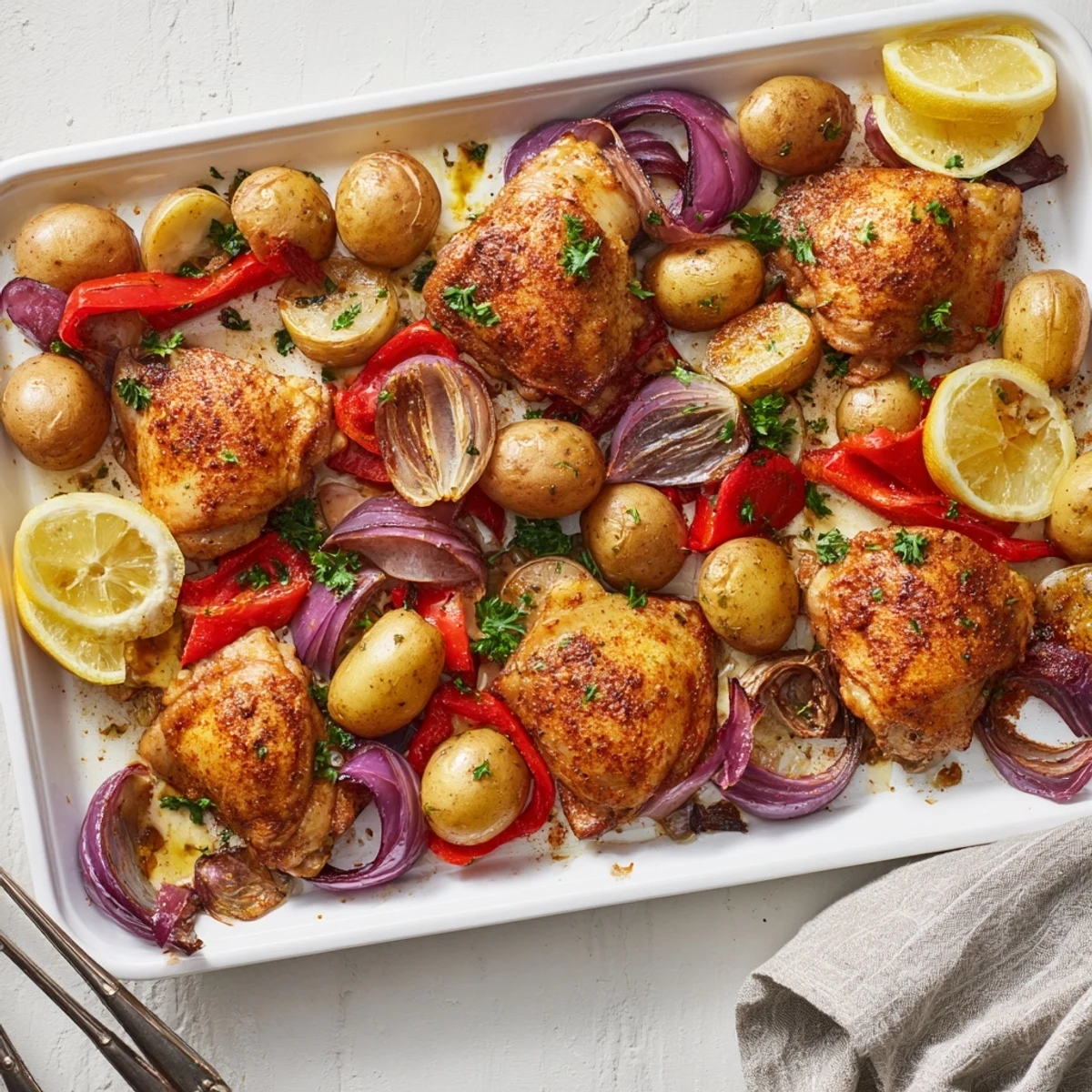 One-pan dinner featuring tender chicken with crispy skin served alongside golden roasted potatoes and fresh parsley garnish