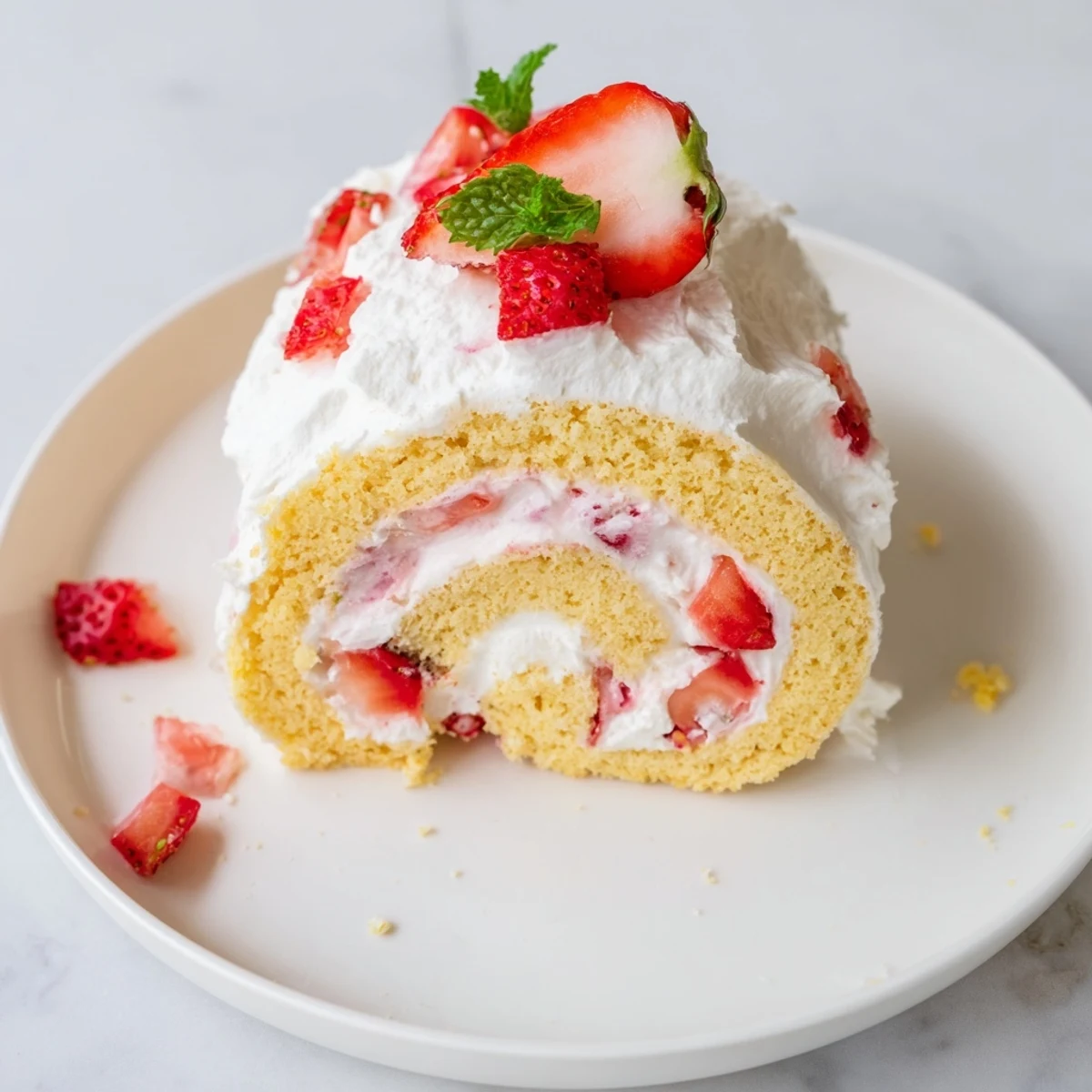 Whimsical strawberry shortcake sushi rolls featuring vanilla cake and fresh diced strawberries
