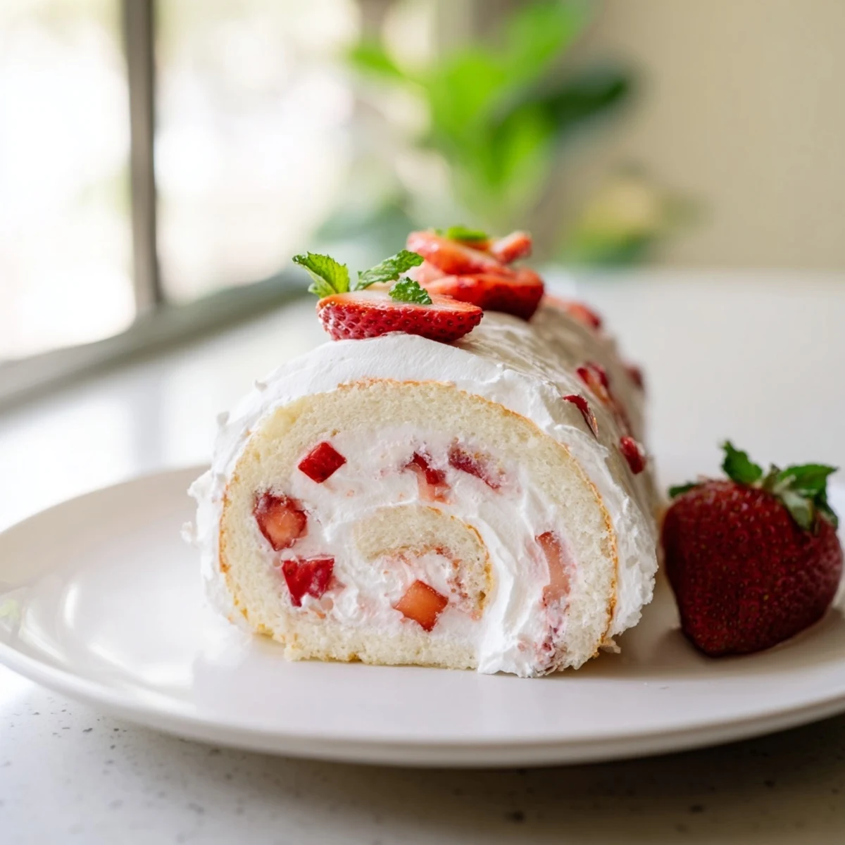 Playful fusion dessert showing rolled vanilla cake filled with sweet cream and berries