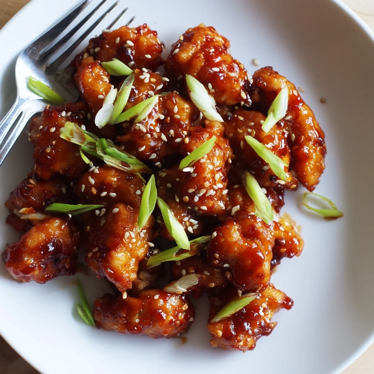 Golden Mongolian chicken pieces coated in glossy sweet and savory soy ginger sauce