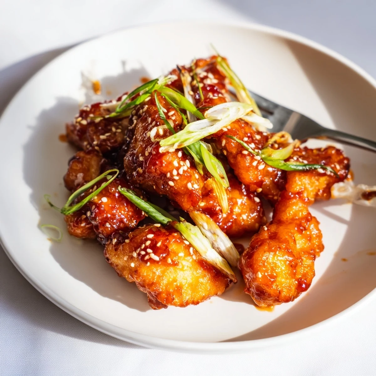 Crispy chicken thighs tossed in rich brown sugar glaze with sesame seed garnish