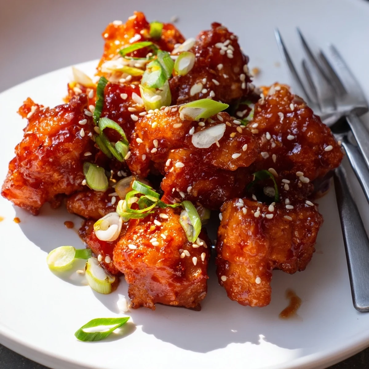 Steaming bowl of Mongolian chicken served over white rice with fresh green onions