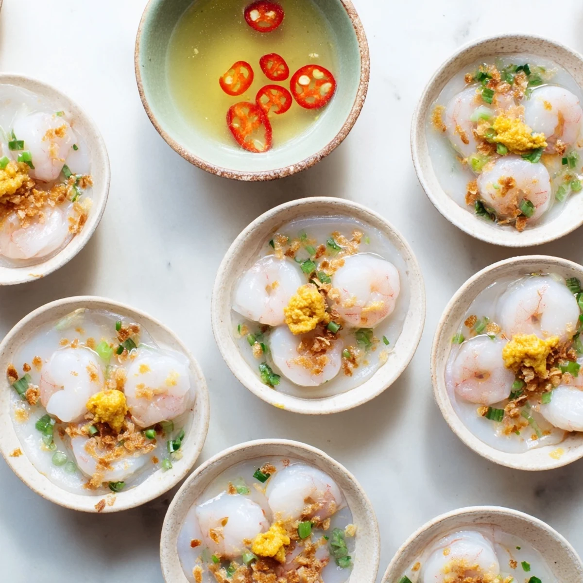 Steaming hot Banh Beo Vietnamese rice cakes topped with seasoned shrimp and crispy golden shallots