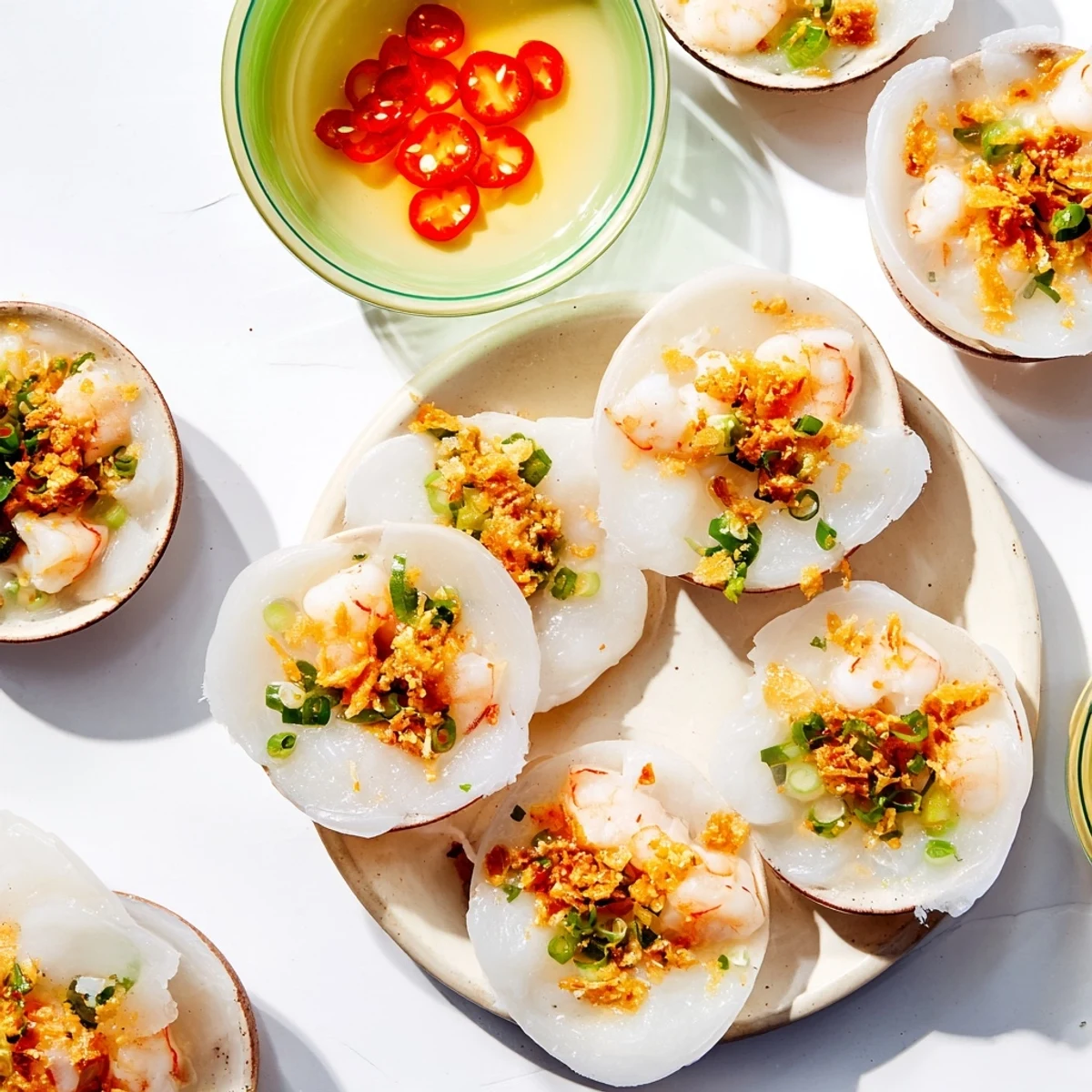 Gluten-free Banh Beo appetizer drizzled with fragrant scallion oil and served with tangy dipping sauce