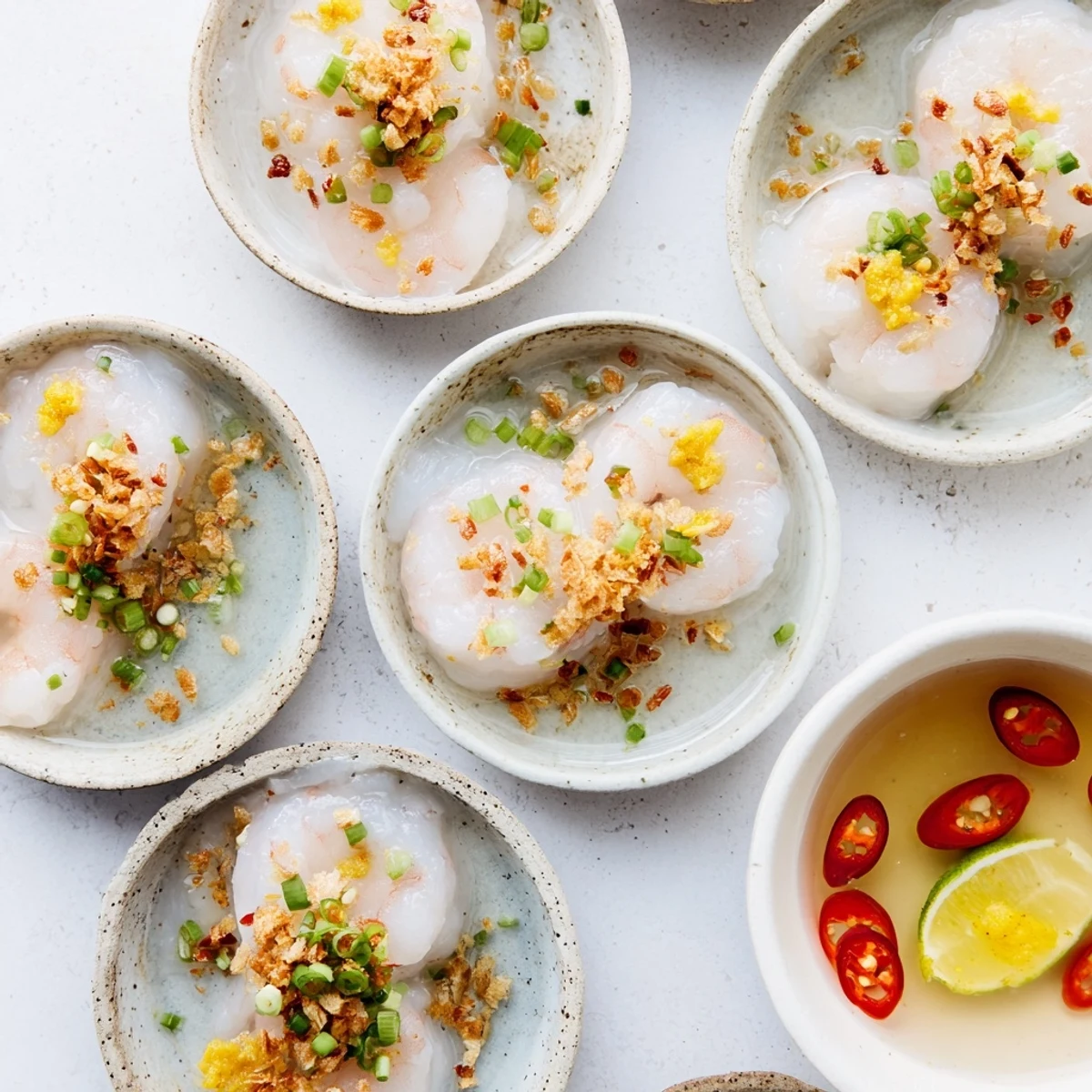 Delicate steamed Banh Beo arranged on a plate featuring savory shrimp topping and vibrant red chili