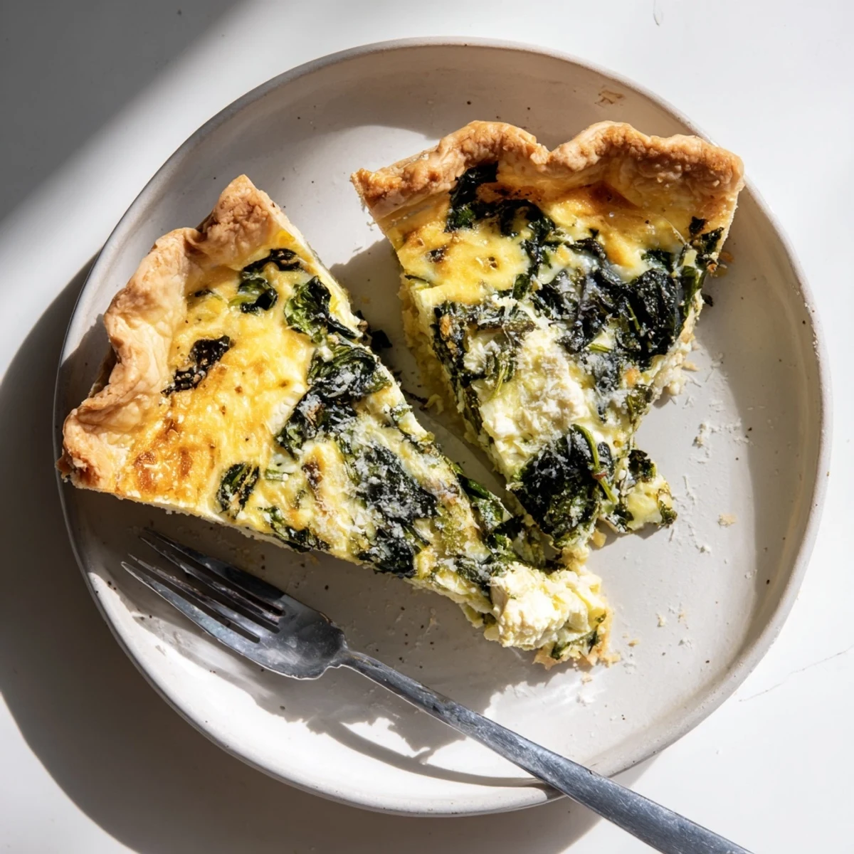 Golden slices of egg pie with silverbeet and ricotta on a white serving plate