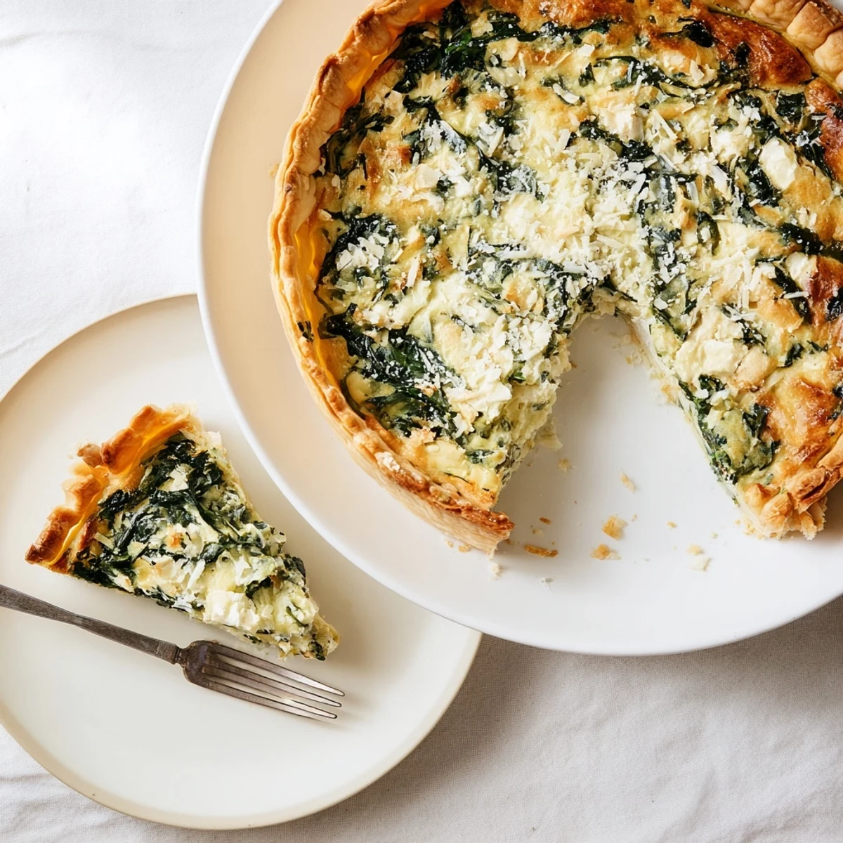 Savory egg pie with silverbeet and ricotta fresh from the oven with golden crust