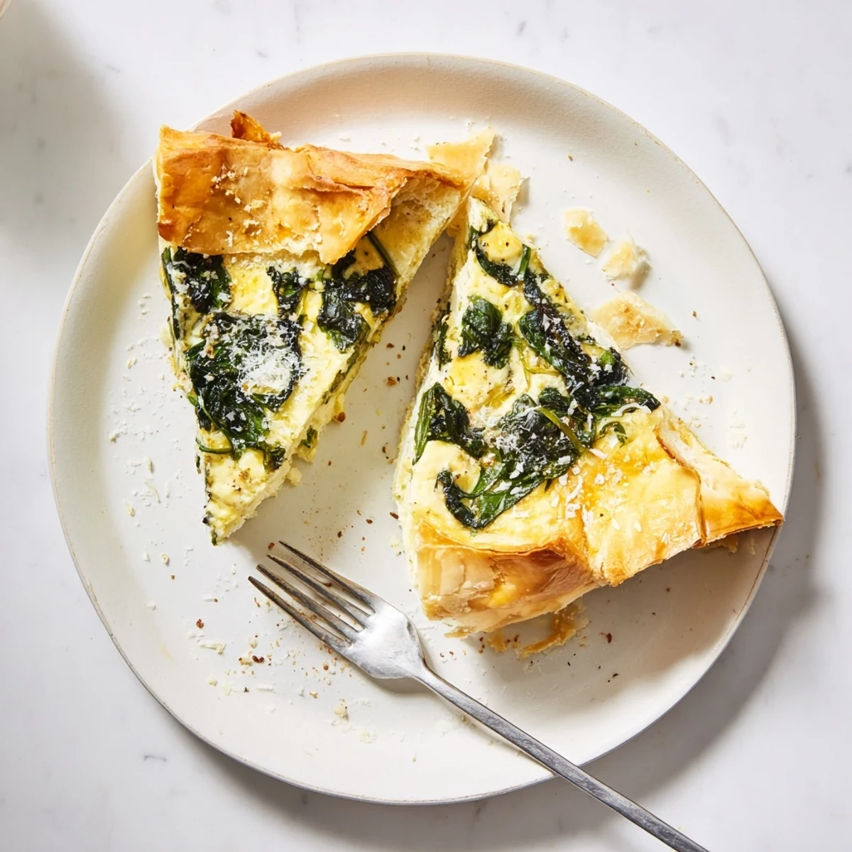 Butter pastry crust holding creamy egg pie with silverbeet and ricotta filling
