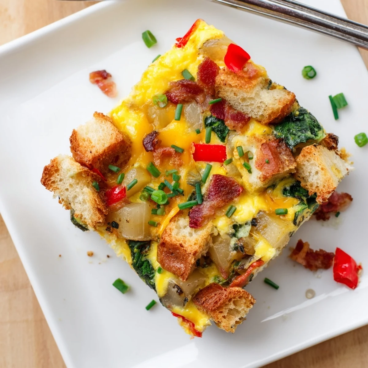 Golden baked breakfast casserole with crispy bacon, melted cheddar and tender potatoes