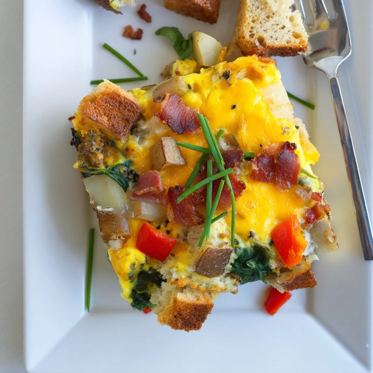 Savory breakfast-for-dinner casserole featuring fluffy eggs, vegetables and gooey cheese topping