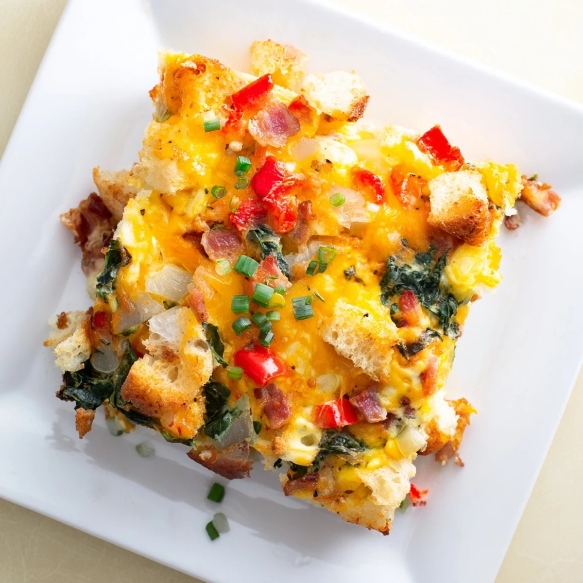 Hearty egg and bacon bake with colorful peppers, spinach and golden cheese crust