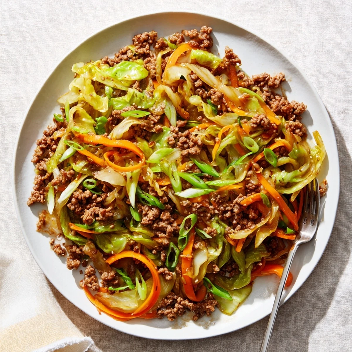 Golden brown ground beef and crisp green cabbage stir fry served in a white bowl