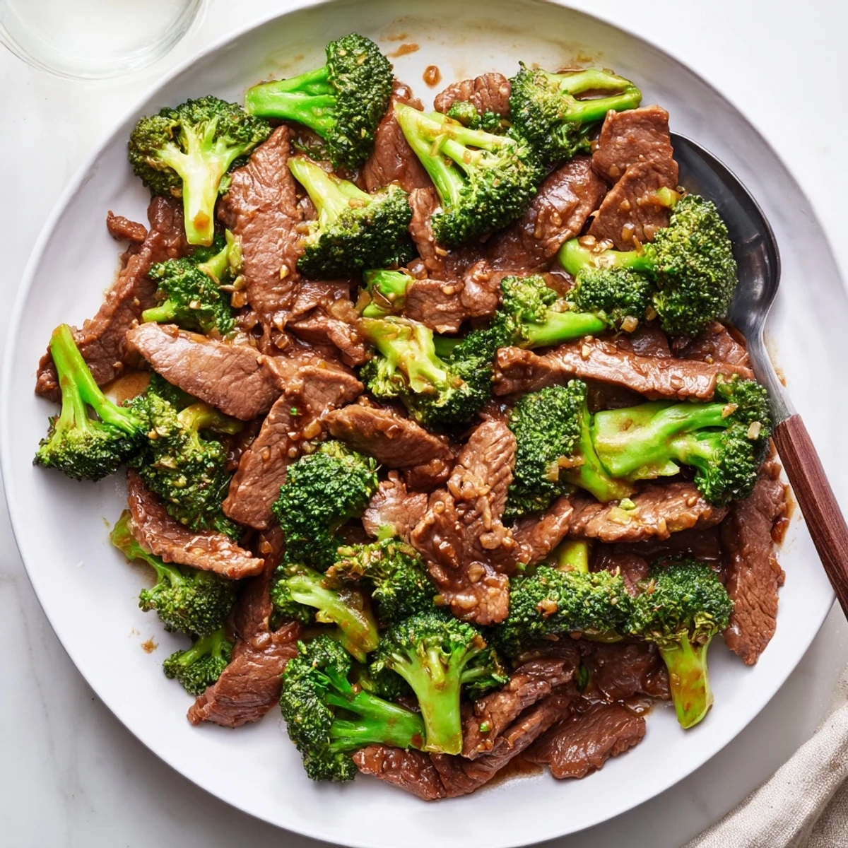 Golden beef slices and bright green broccoli florets coated in rich savory brown sauce