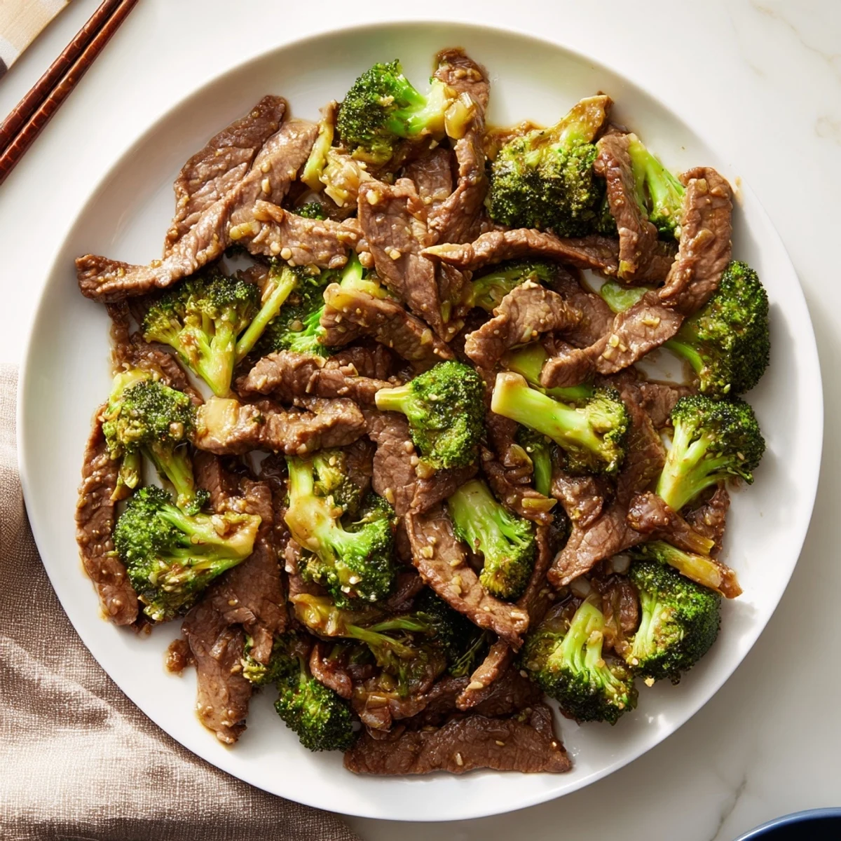 Classic Chinese-American beef and broccoli dish glistening with dark glossy sauce in a white bowl