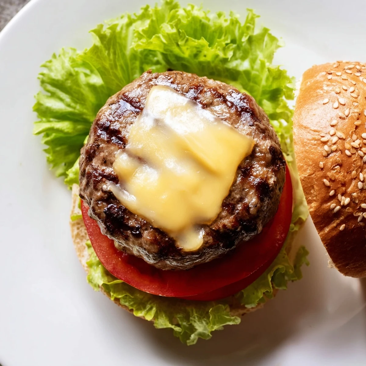 Golden air fryer hamburger patties with melty cheese and fresh lettuce on toasted buns