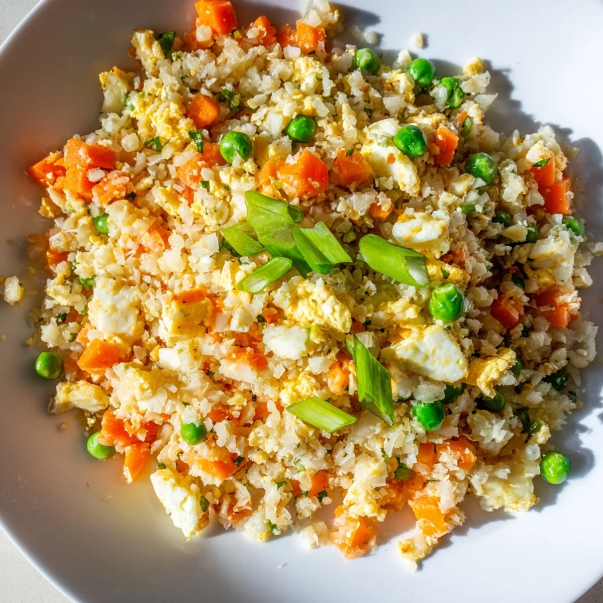 Colorful cauliflower fried rice with scrambled eggs, peas, and carrots in a dark skillet