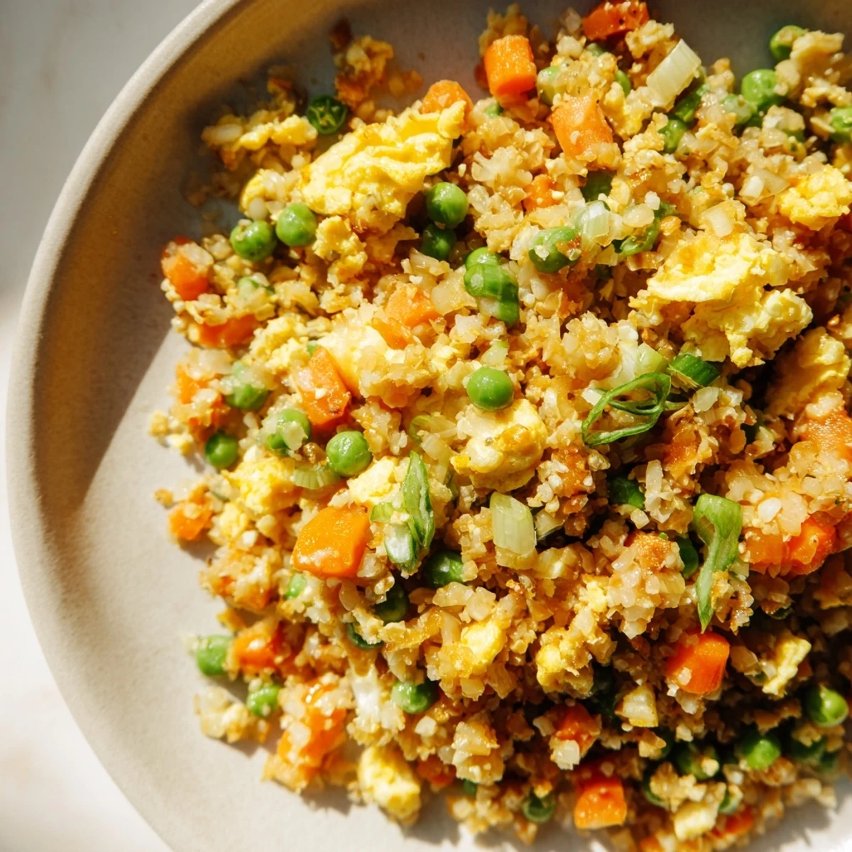 Golden vegetable cauliflower fried rice served in a white bowl garnished with fresh green onions