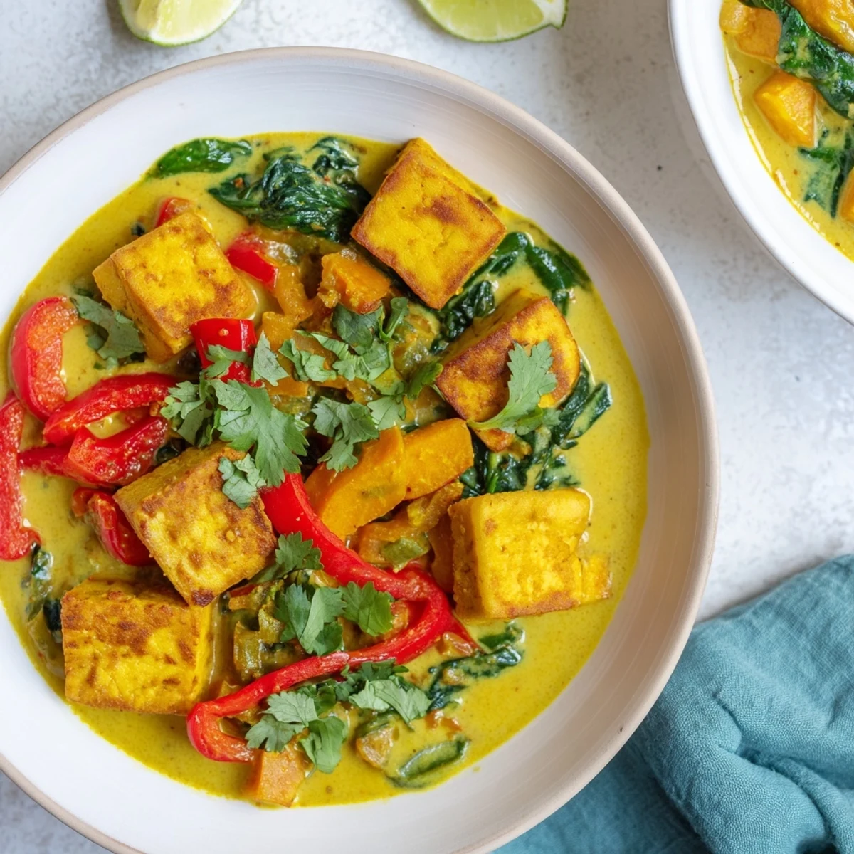 Fragrant vegetarian pumpkin tofu curry served hot with lime wedges and fluffy basmati rice for dinner
